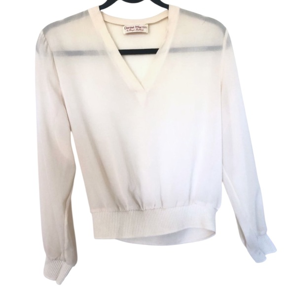 VINTAGE Daniel Martin by Boyd Babbitt Sheer Cream Long Sleeve V-Neck Blouse Top - Picture 3 of 9
